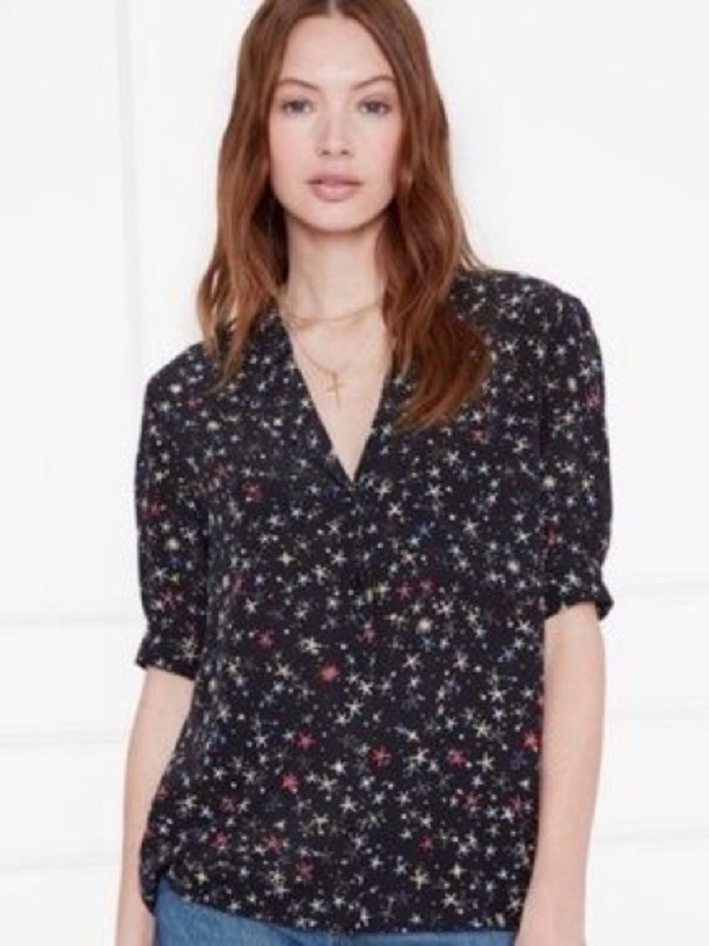 Anine Bing Star Print Short Sleeve V-Neck Blouse - Black